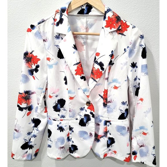 Shein Red & Blue Floral Printed White Blazer with Single-button Closure Size S - Picture 1 of 9